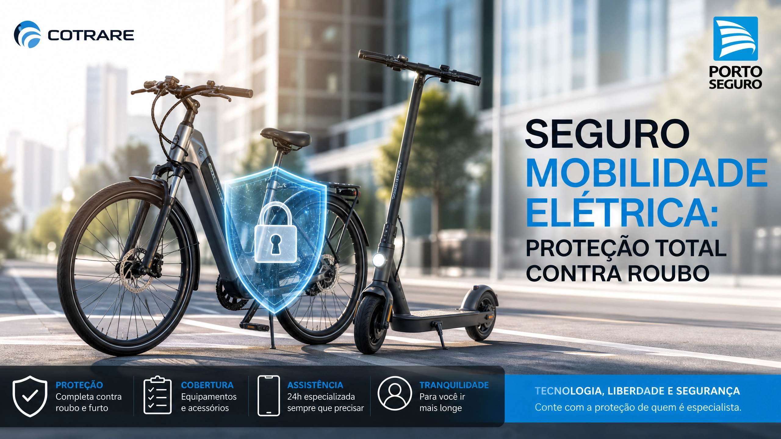 Ciclista pedalando uma e-bike importada de alta performance em uma via urbana arborizada, ilustrando a contratação de seguro sem nota fiscal nacional com a Cotrare Corretora.